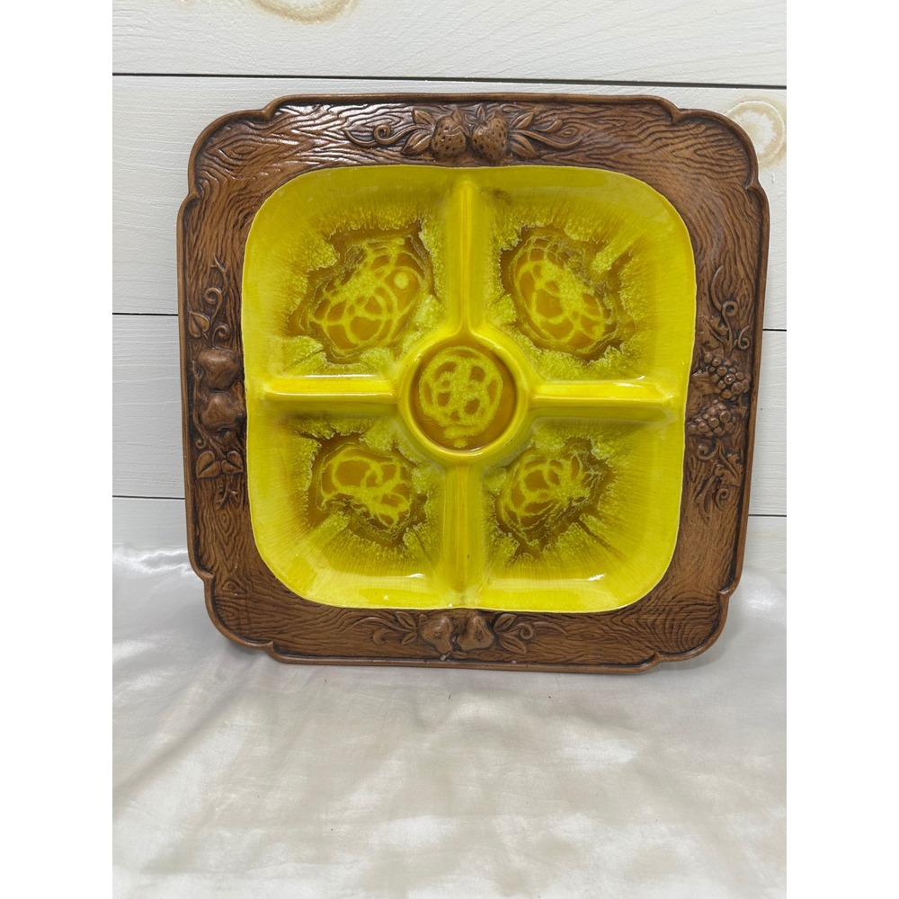 Treasure Craft‎ Divided Serving Tray Yellow Excellent Lava Glaze Fruit MCM Retro
